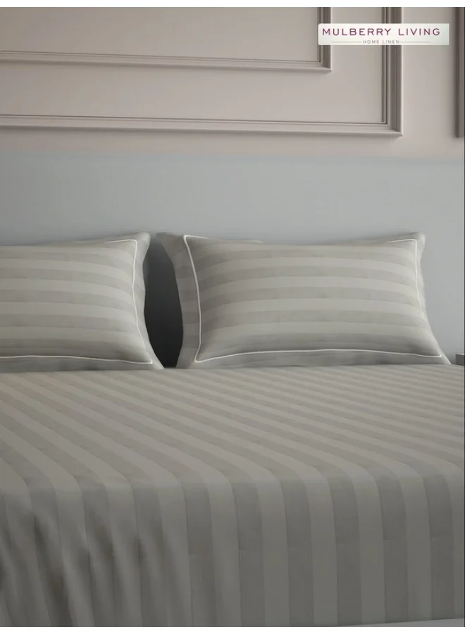 MULBERRY LIVING 100% Cotton - 300Tc Elysian Stripes Queen Size (250X260 Cms) Flat Bedsheet With 2 Pillow Covers (50X75 Cm) - Silver Grey