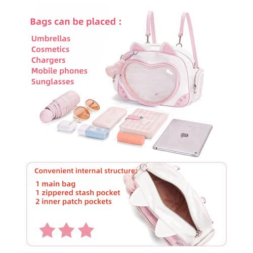 Vobomo Kawaii Ita Bag Cat Pin Backpack Shoulder Crossbody Bag for Miku Anime Heart Clear Layer with Insert (Pink) - Image 4
