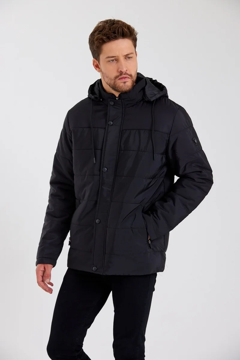 سيفيست Men's Black Removable Hooded Inner Pocket Washable Fur Coat Jacket&Coat