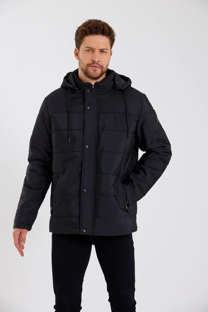 سيفيست Men's Black Removable Hooded Inner Pocket Washable Fur Coat Jacket&Coat