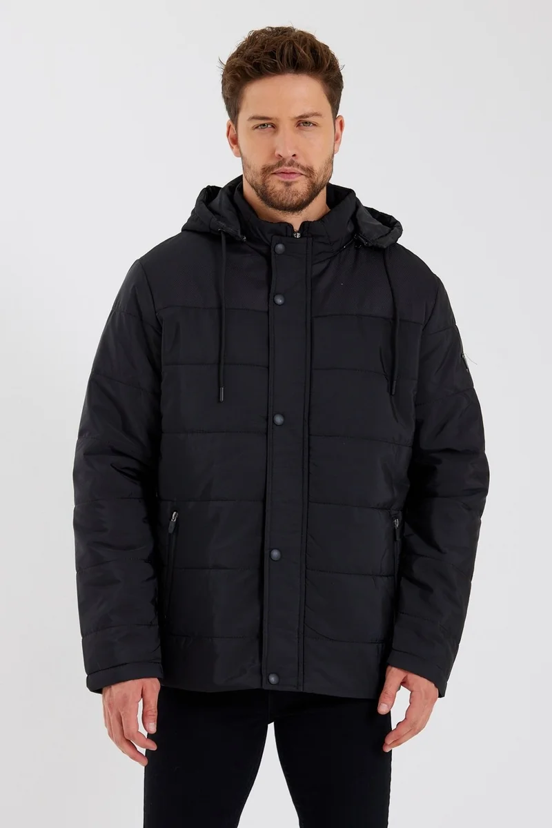 سيفيست Men's Black Removable Hooded Inner Pocket Washable Fur Coat Jacket&Coat