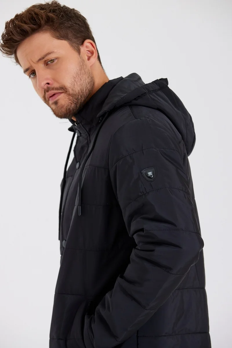 سيفيست Men's Black Removable Hooded Inner Pocket Washable Fur Coat Jacket&Coat