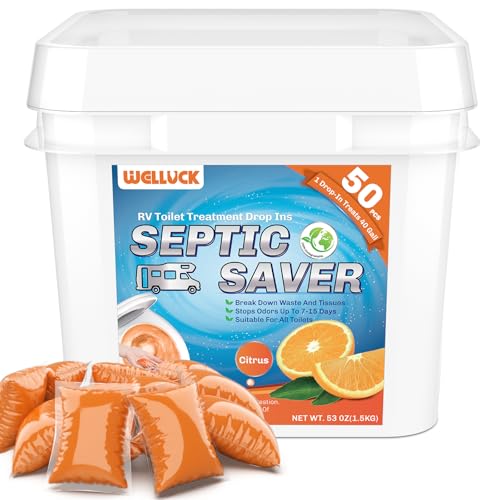 WELLUCK RV Toilet Treatment Drop-Ins, 50 Pack - 50 Week Supply Black Tank Deodorizer | Breaks Down Waste & Tissue | Septic Safe Treatment for RV, Camper, Marine Toilet | Citrus Scents - Image 1