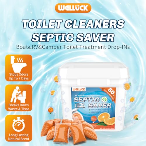 WELLUCK RV Toilet Treatment Drop-Ins, 50 Pack - 50 Week Supply Black Tank Deodorizer | Breaks Down Waste & Tissue | Septic Safe Treatment for RV, Camper, Marine Toilet | Citrus Scents - Image 2