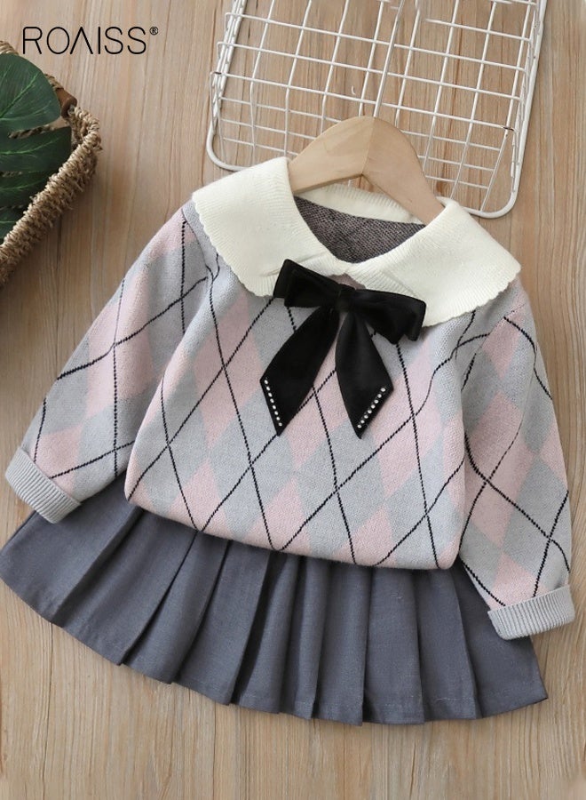 رويس طقم ملابس للفتيات من قطعتين، زي أنيق مع سترة وتنورة مطوية، بلوزة محبوكة مع ربطة عنق و تنورة بخصر مطاطي مع بطانة، مناسب للارتداء اليومي والأنشطة الخارجية - Image 2