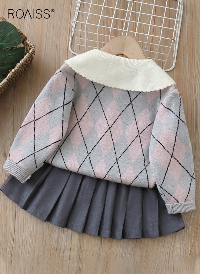 رويس طقم ملابس للفتيات من قطعتين، زي أنيق مع سترة وتنورة مطوية، بلوزة محبوكة مع ربطة عنق و تنورة بخصر مطاطي مع بطانة، مناسب للارتداء اليومي والأنشطة الخارجية - Image 3