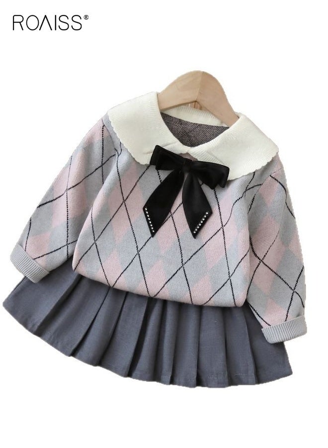 رويس طقم ملابس للفتيات من قطعتين، زي أنيق مع سترة وتنورة مطوية، بلوزة محبوكة مع ربطة عنق و تنورة بخصر مطاطي مع بطانة، مناسب للارتداء اليومي والأنشطة الخارجية - Image 1