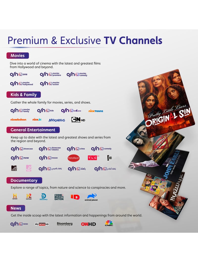 أو إس إن - اشتراك OSNtv (2 شهراً)، ترفيه OSN+ متضمن مع الجهاز الجديد بدقة 4K | جهاز التحكم الصوتي عن بُعد | Wi-Fi وإيثرنت | مشغل بواسطة Android 11.0 - Image 1
