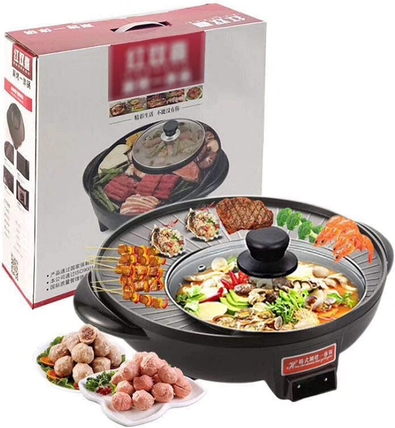 Delavala 2 in 1 Electric BBQ Hotpot Korean Style Non Stick Surface Smokeless Double Layer Barbecue Grill Griddle Plate Pan with Glass Lid for Tandoor Veg-Non Veg Cooking Grill Pan (38X33X13CM) - Image 4
