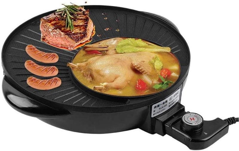 Delavala 2 in 1 Electric BBQ Hotpot Korean Style Non Stick Surface Smokeless Double Layer Barbecue Grill Griddle Plate Pan with Glass Lid for Tandoor Veg-Non Veg Cooking Grill Pan (38X33X13CM) - Image 2