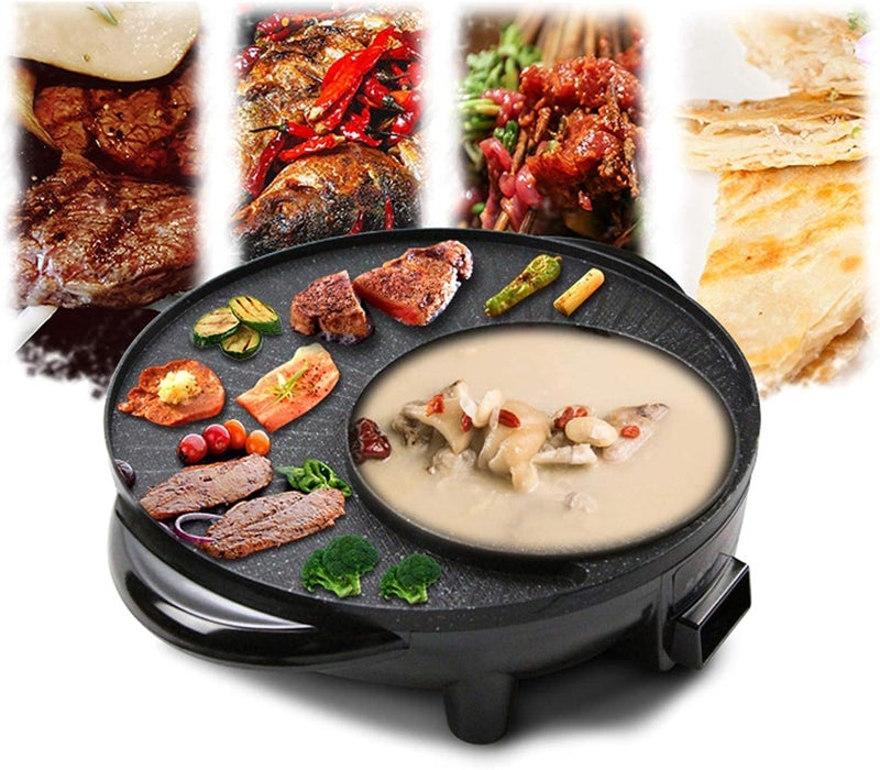 Delavala 2 in 1 Electric BBQ Hotpot Korean Style Non Stick Surface Smokeless Double Layer Barbecue Grill Griddle Plate Pan with Glass Lid for Tandoor Veg-Non Veg Cooking Grill Pan (38X33X13CM) - Image 5