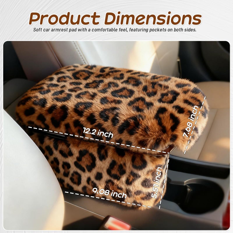 I3DIDEA Fluffy Car Armrest Cover with Side Pockets â€“ Plush Fuzzy Fur Center Console Armrest Cushion Pad, Universal Winter Car Interior Protector, Soft Arm Rest Cover with Storage for Women & Men (Leopard) - Image 2