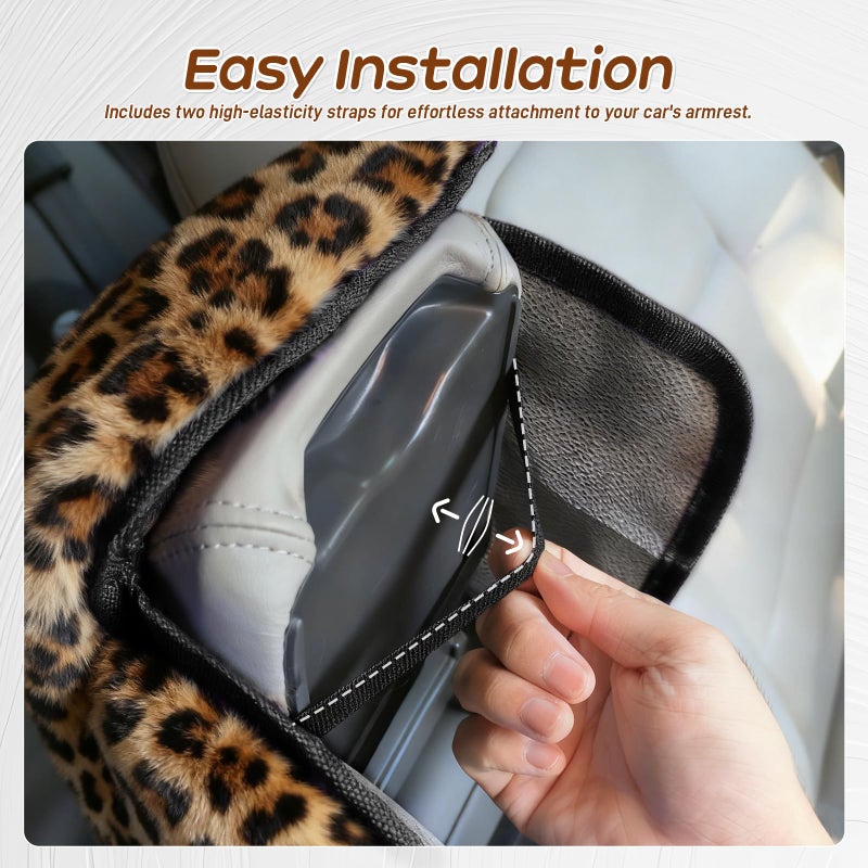I3DIDEA Fluffy Car Armrest Cover with Side Pockets â€“ Plush Fuzzy Fur Center Console Armrest Cushion Pad, Universal Winter Car Interior Protector, Soft Arm Rest Cover with Storage for Women & Men (Leopard) - Image 5