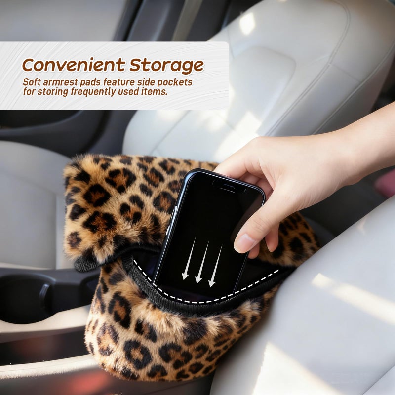 I3DIDEA Fluffy Car Armrest Cover with Side Pockets â€“ Plush Fuzzy Fur Center Console Armrest Cushion Pad, Universal Winter Car Interior Protector, Soft Arm Rest Cover with Storage for Women & Men (Leopard) - Image 4