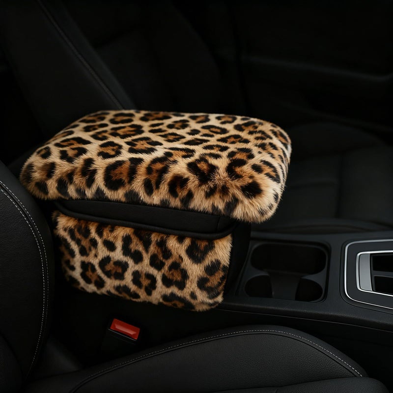 I3DIDEA Fluffy Car Armrest Cover with Side Pockets â€“ Plush Fuzzy Fur Center Console Armrest Cushion Pad, Universal Winter Car Interior Protector, Soft Arm Rest Cover with Storage for Women & Men (Leopard) - Image 1