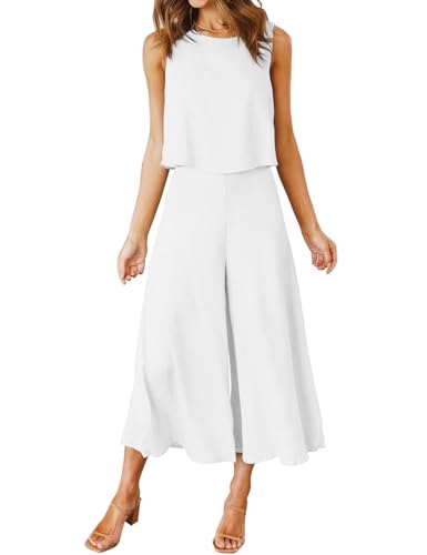 ROYLAMP Women's Summer Two Piece Outfits Round Neck Crop Basic Top Cropped Wide Leg Pants Set Jumpsuits White M - Image 1