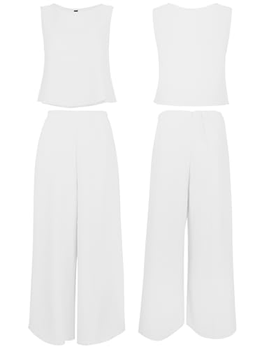 ROYLAMP Women's Summer Two Piece Outfits Round Neck Crop Basic Top Cropped Wide Leg Pants Set Jumpsuits White M - Image 5
