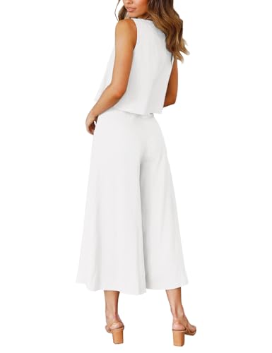 ROYLAMP Women's Summer Two Piece Outfits Round Neck Crop Basic Top Cropped Wide Leg Pants Set Jumpsuits White M - Image 4