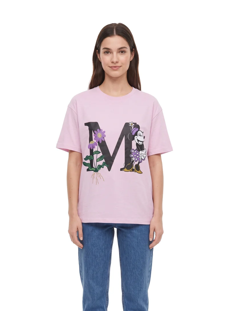 Disney Minnie Mouse Floral Graphic Women’s Drop Shoulder T-Shirt | Casual Character Print Relaxed Fit Cotton Tee