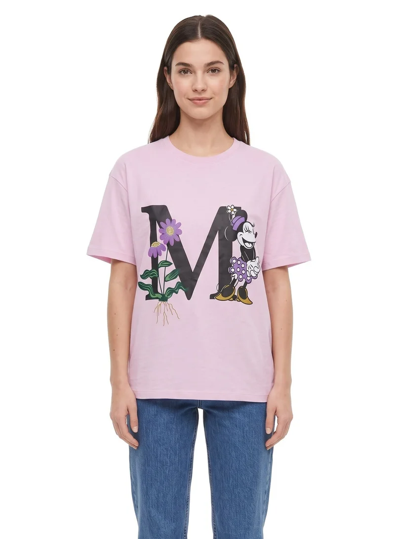 ديزني Disney Minnie Mouse Floral Graphic Women’s Drop Shoulder T-Shirt | Casual Character Print Relaxed Fit Cotton Tee