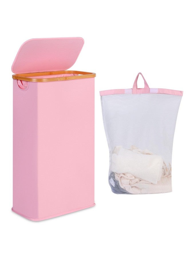 iEGrow iEGrow Slim Laundry Hamper, Narrow Laundry Basket with Lid,Foldable Clothes Hamper with Bamboo Handles,Hamper Basket with Removable Inner Bag for Laundry Room Bedroom College Dorm,60L Pink - Image 1