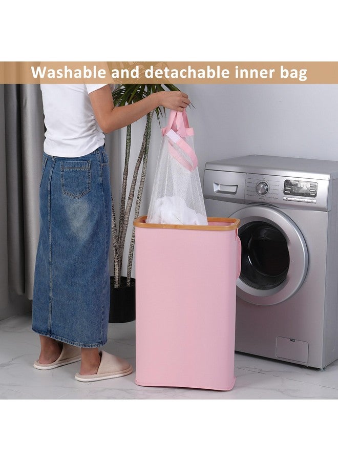 iEGrow iEGrow Slim Laundry Hamper, Narrow Laundry Basket with Lid,Foldable Clothes Hamper with Bamboo Handles,Hamper Basket with Removable Inner Bag for Laundry Room Bedroom College Dorm,60L Pink - Image 5