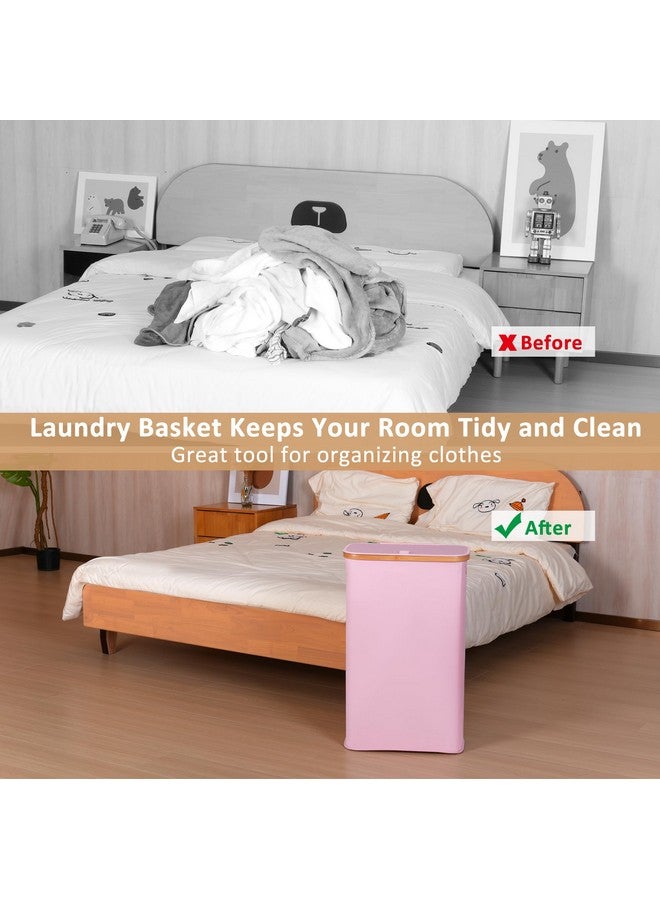 iEGrow iEGrow Slim Laundry Hamper, Narrow Laundry Basket with Lid,Foldable Clothes Hamper with Bamboo Handles,Hamper Basket with Removable Inner Bag for Laundry Room Bedroom College Dorm,60L Pink - Image 3