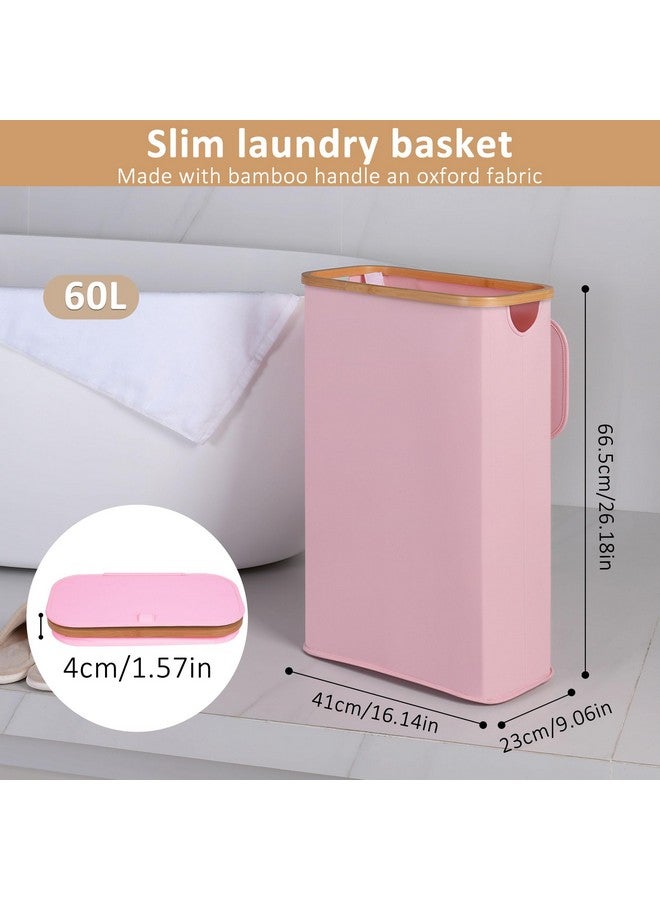 iEGrow iEGrow Slim Laundry Hamper, Narrow Laundry Basket with Lid,Foldable Clothes Hamper with Bamboo Handles,Hamper Basket with Removable Inner Bag for Laundry Room Bedroom College Dorm,60L Pink - Image 2
