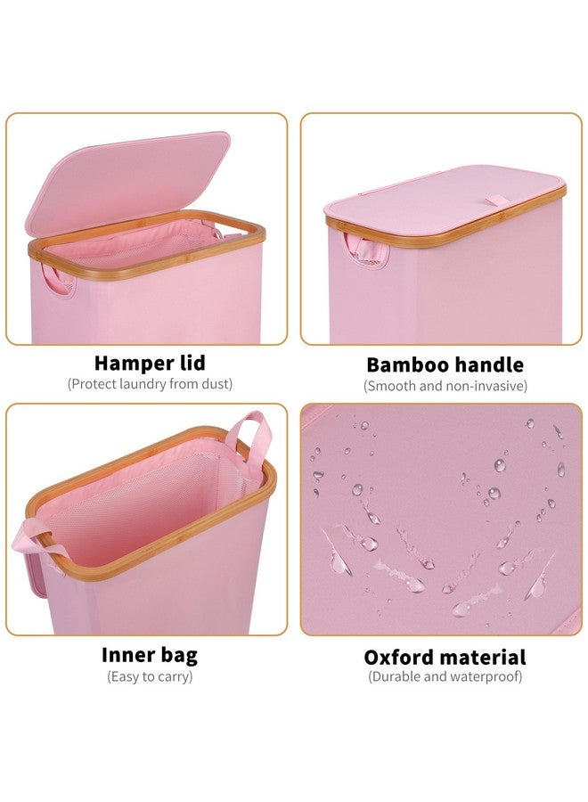 iEGrow iEGrow Slim Laundry Hamper, Narrow Laundry Basket with Lid,Foldable Clothes Hamper with Bamboo Handles,Hamper Basket with Removable Inner Bag for Laundry Room Bedroom College Dorm,60L Pink - Image 4