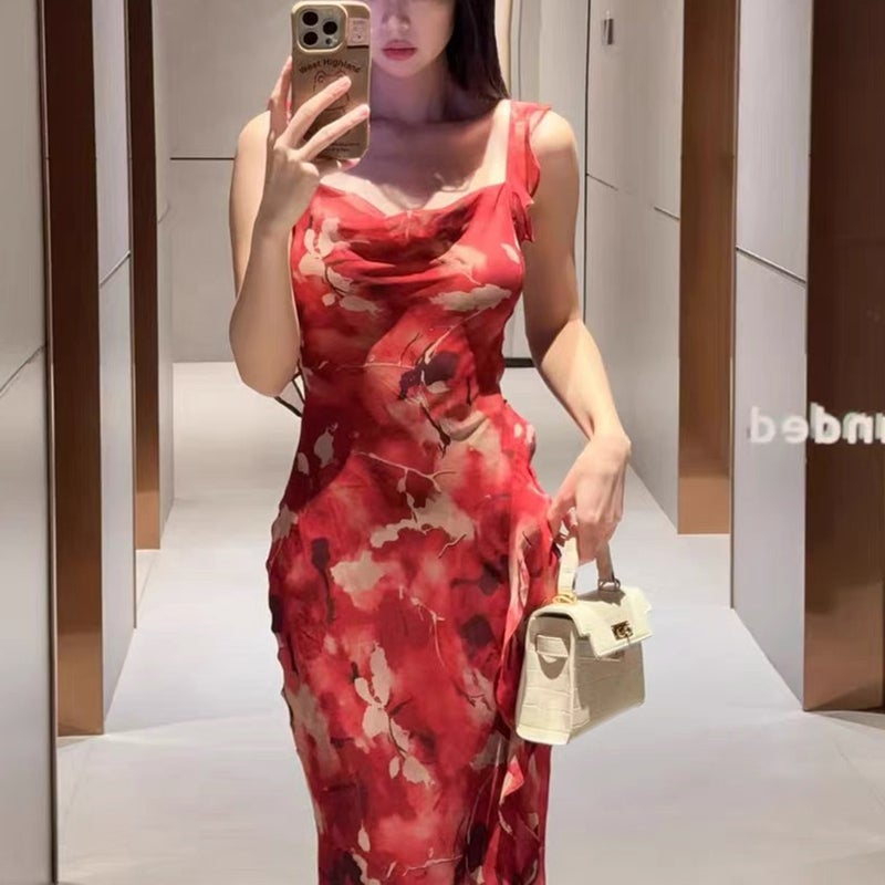 Red Chiffon Floral Print Draped Neck Sleeveless Dress - Image 3
