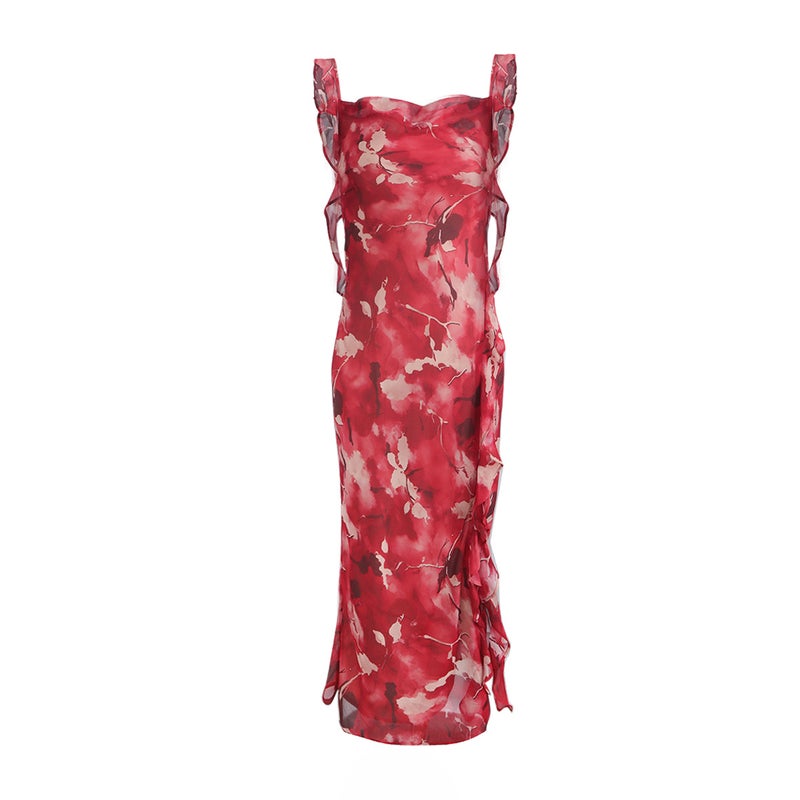 Red Chiffon Floral Print Draped Neck Sleeveless Dress - Image 4