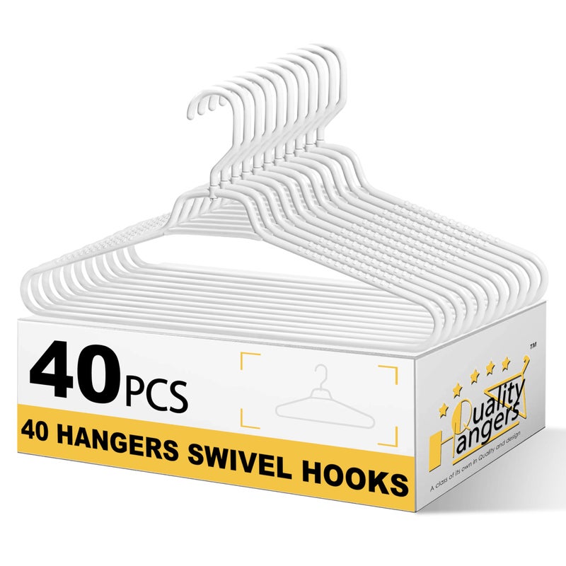 Quality Hangers Heavy Duty White Plastic Hangers 40-Pack with Swivel Hook | 7mm Thick Non Slip Coat Hangers with Accessory Bar | Ideal Clothes Hangers Plastic for Everyday Use | 17 Inches (40, White) - Image 1