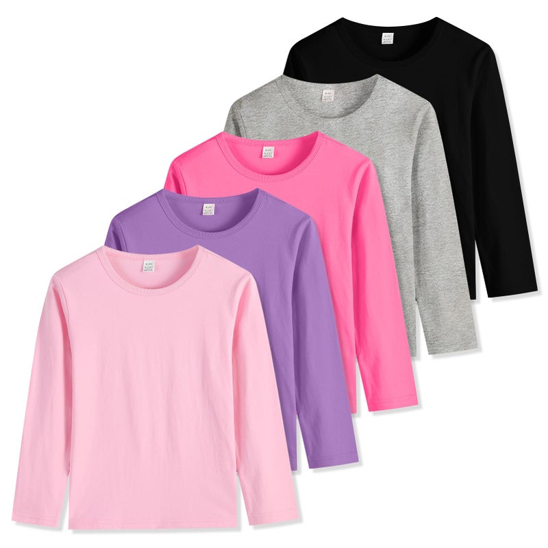 Phedrew 5-Pack Girls' Long Sleeve Shirts Kids Basic Long Sleeve Tees Toddlers' Crew Neck Soft Fall Tops - Image 1