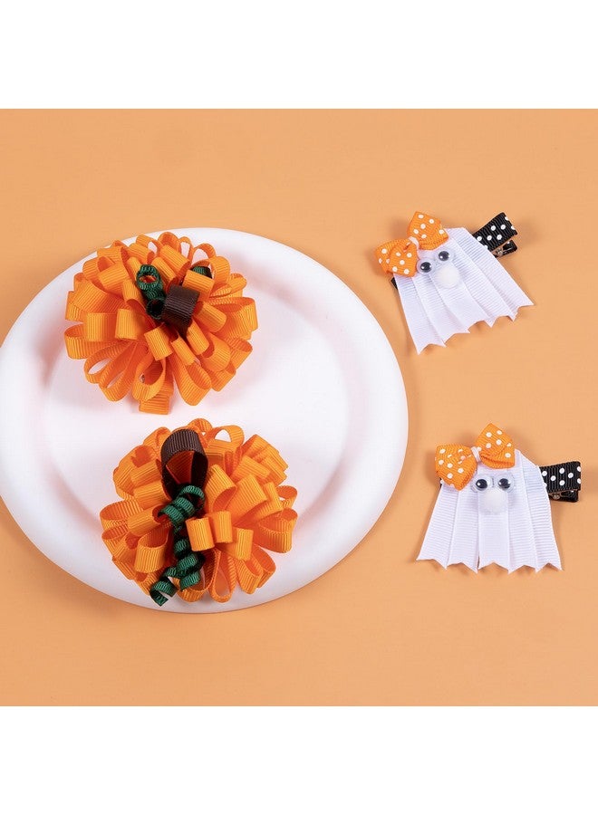 KCHIES Fall Pumpkin Korker Hair Bow Clips Girls Halloween Ghost Ribbon Alligator Barrettes Cute Thanksgiving Loopy Puff Pom Cheer Pins Kids Autumn Costume Decor Accessories Gift Orange - Image 2