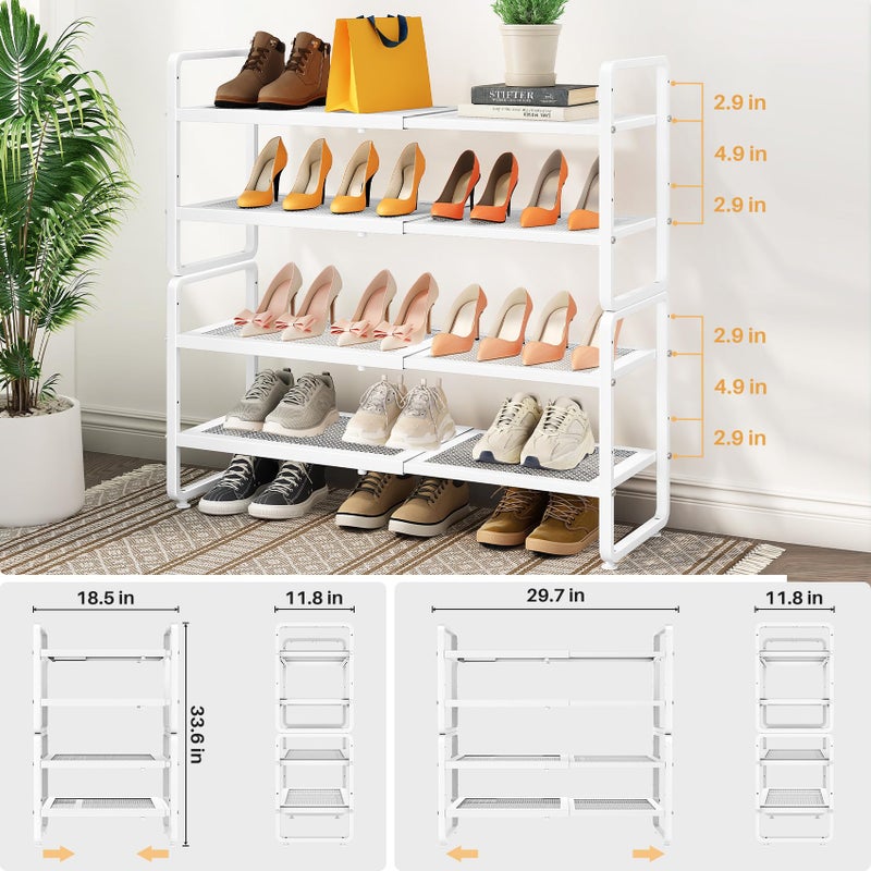 SNTD Shoe Rack - Expandable Shoe Organizer for Closet, Adjustable Metal Shoe Shelf Storage, Stackable Long Shoe Stand Holder for Garage, Entryway, Door Entrance (White, 2-Tier) - Image 3
