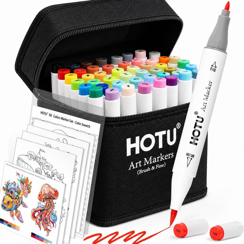 HOTU 50 Colors Alcohol Markers Brush Tip and Fine Dual Tip Art Marker Set for Artists Adults Coloring Sketching Professional Alcohol Based Markers with Bleedprevention Pad 4 Coloring Cards - Image 2