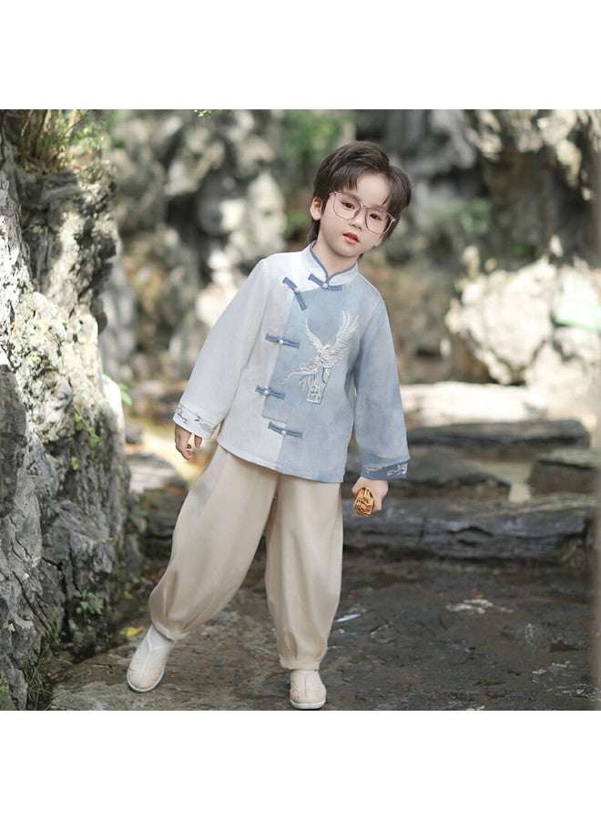 Flag Platinum Qibo Hanfu Boys' Spring And Autumn Children's New Chinese-style National Costume, Ancient Style Tang Suit, Hongying Long Sleeve 130 - Image 5