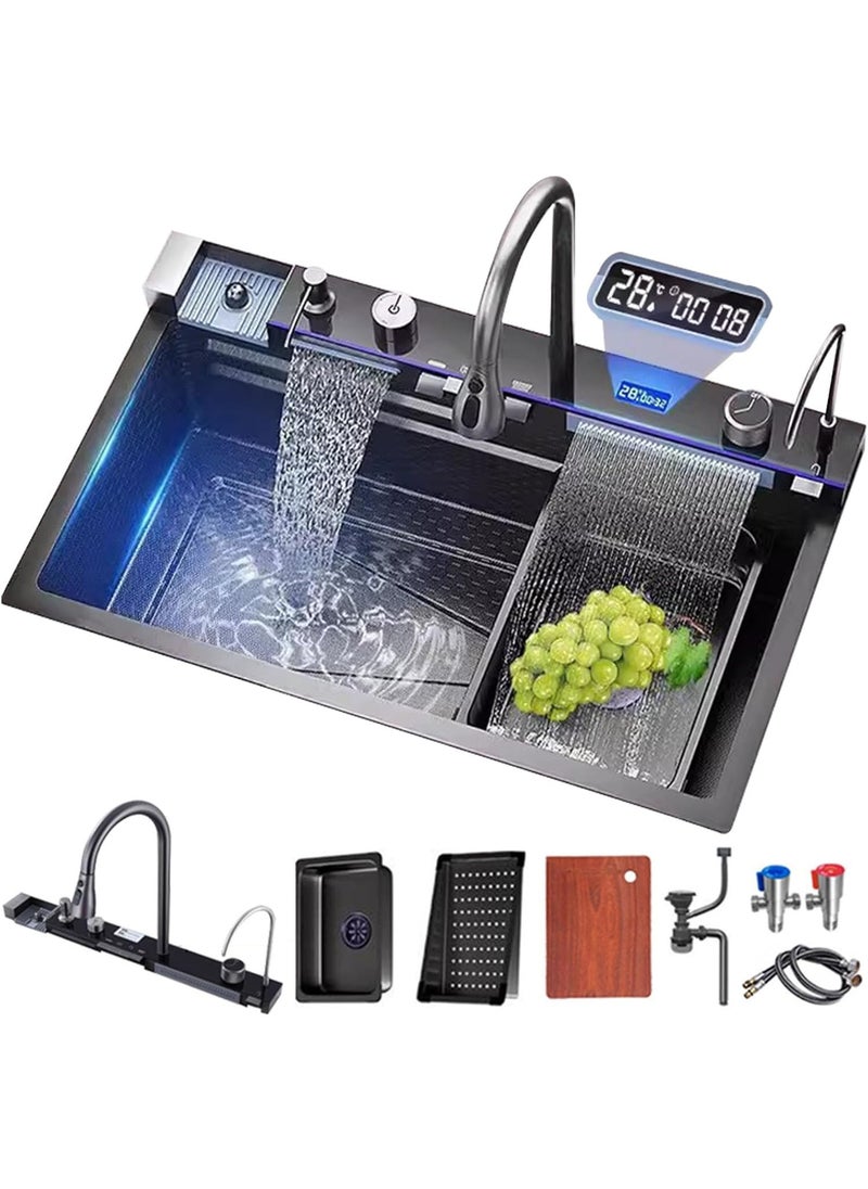 Monda 11-Piece Kitchen Honeycomb Sink Drop-In Single Bowl Stainless Steel Sink Waterfall Smart Sink with Pull-Out Faucet and Various Accessories (75x46cm)  - Image 1