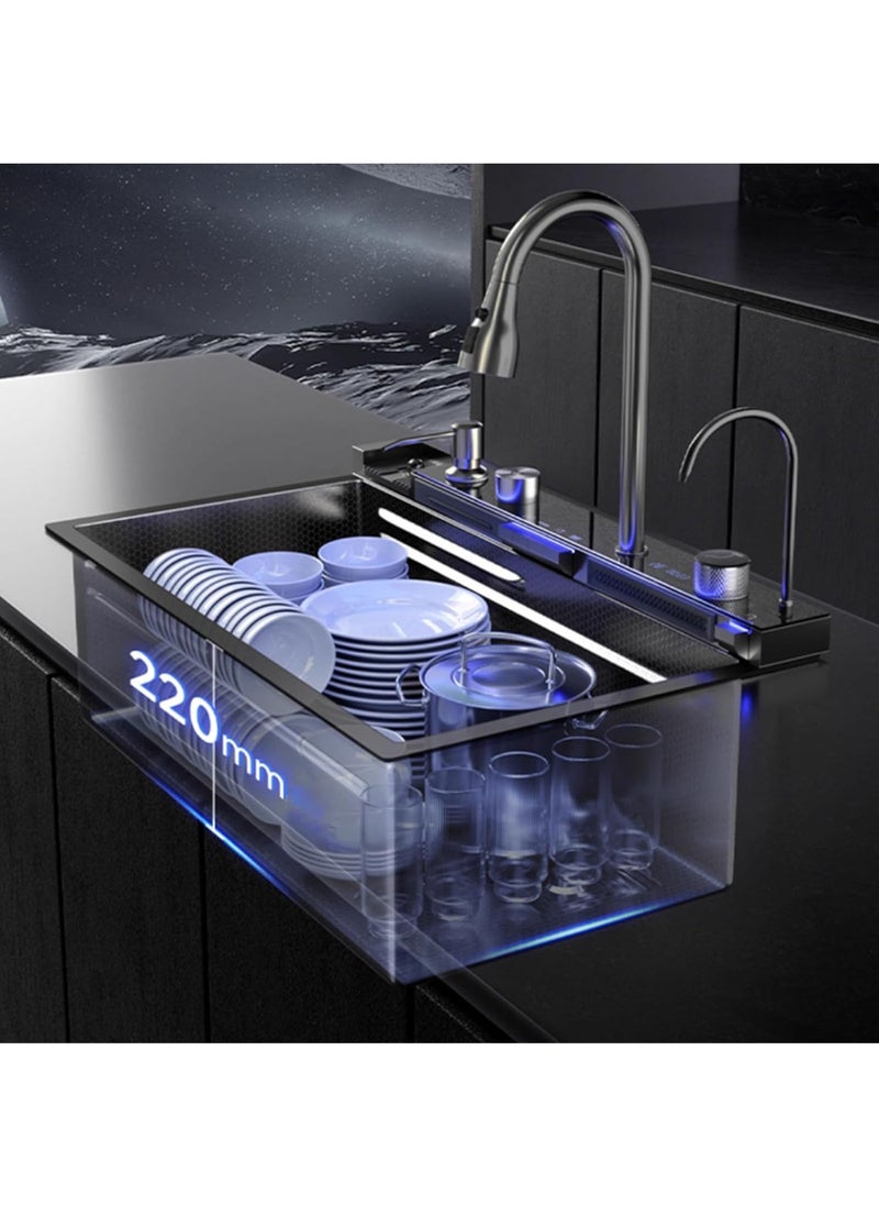 Monda 11-Piece Kitchen Honeycomb Sink Drop-In Single Bowl Stainless Steel Sink Waterfall Smart Sink with Pull-Out Faucet and Various Accessories (75x46cm)  - Image 2