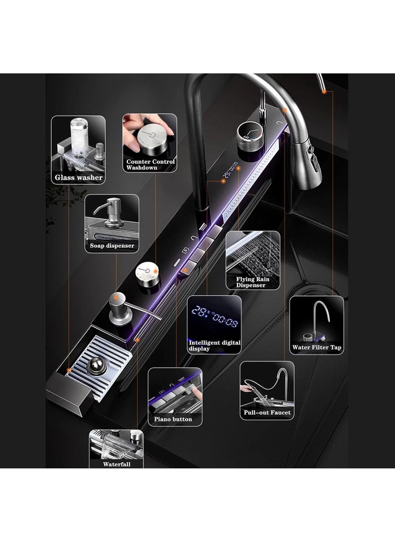 Monda - 11-Piece Kitchen Honeycomb Sink Drop-In Single Bowl Stainless Steel Sink Waterfall Smart Sink with Pull-Out Faucet and Various Accessories (75x46cm) - Image 1