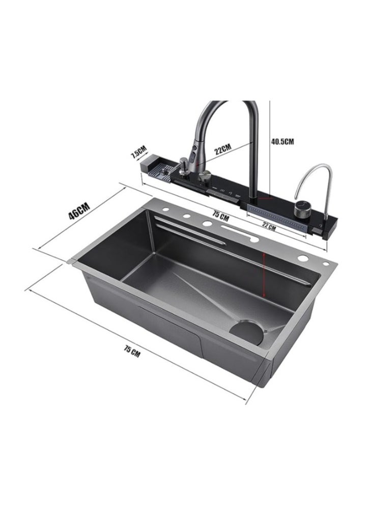 Monda - 11-Piece Kitchen Honeycomb Sink Drop-In Single Bowl Stainless Steel Sink Waterfall Smart Sink with Pull-Out Faucet and Various Accessories (75x46cm) - Image 1