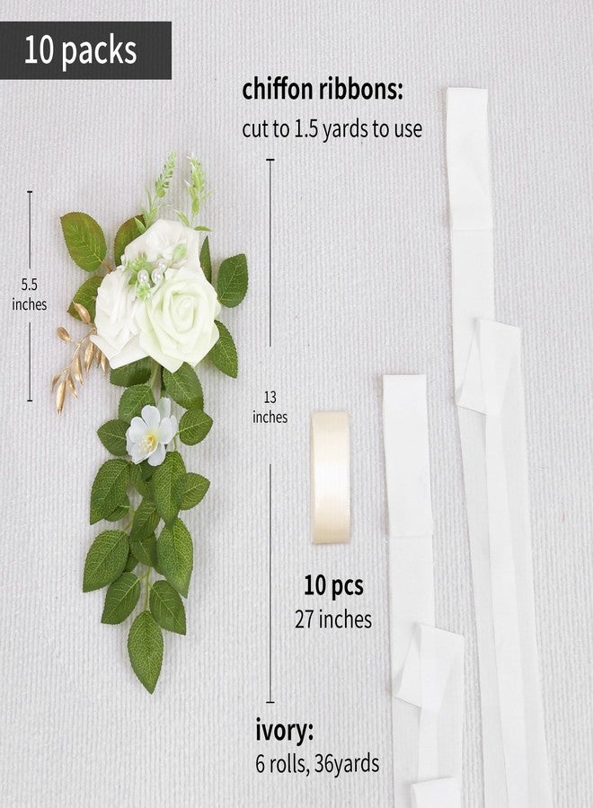 DreamBuilt Set of 10 Wedding Aisle Decorations for Ceremony, Ivory White Pew Flowers for Church Chair Decorations, Chair Back Floral Decorations with Chiffon Ribbon - Image 2