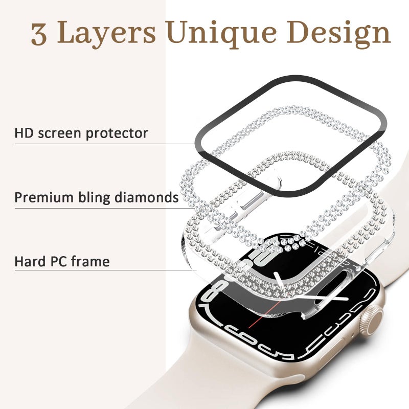 Newlibery Bling Case with HD Screen Protector Women Compatible with Apple Watch 45mm Diamond Protective Face Cover PC Frame Protector for iWatch Series 7/8/9 Clear - Image 3