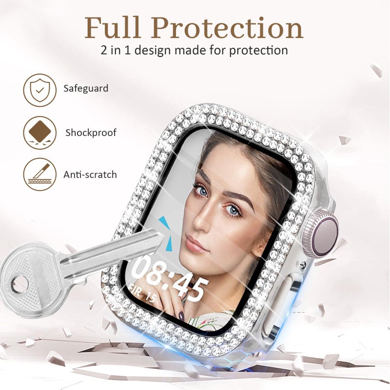 Newlibery Bling Case with HD Screen Protector Women Compatible with Apple Watch 45mm Diamond Protective Face Cover PC Frame Protector for iWatch Series 7/8/9 Clear - Image 5