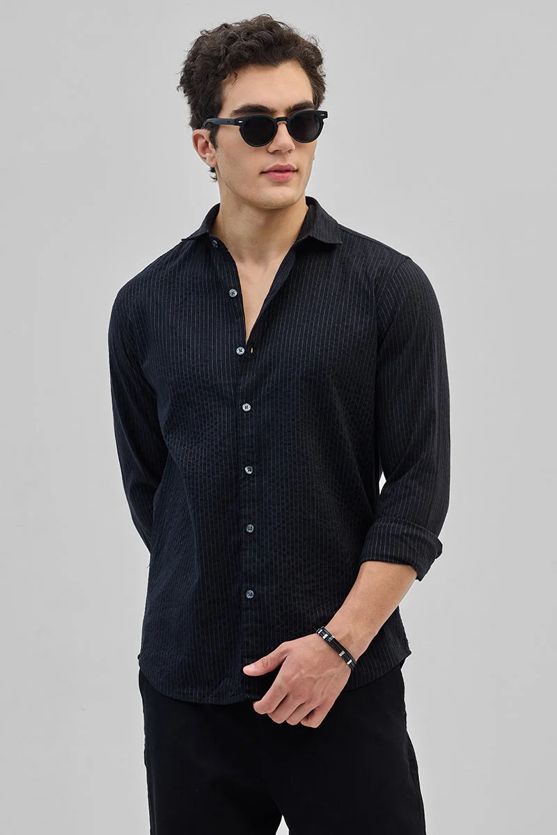 سنيتش Black Striped Long Sleeve Slim Fit Casual Shirt