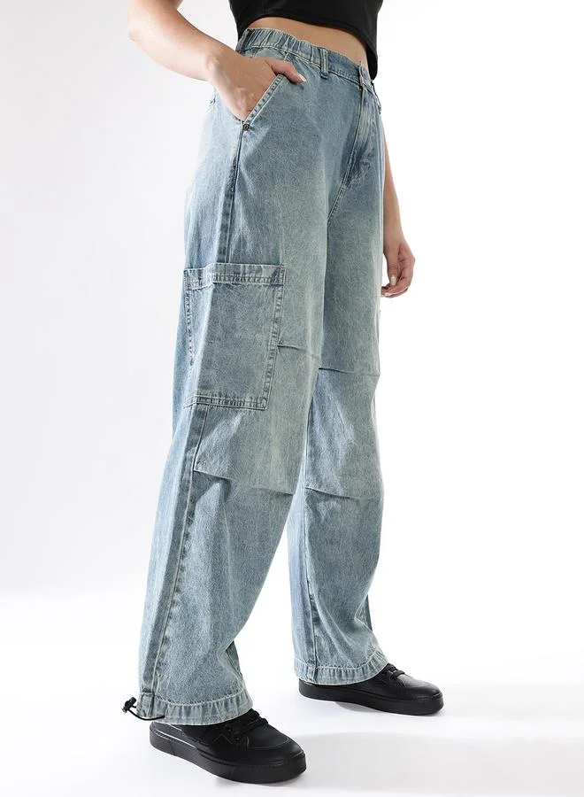 Hubberholme  Women Baggy Fit Parachute Cargo High-Rise Light Fade Jeans for Women | Best Price UAE