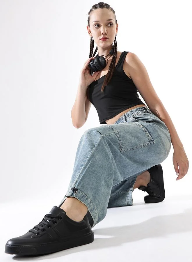 Women Baggy Fit Parachute Cargo High-Rise Light Fade Jeans