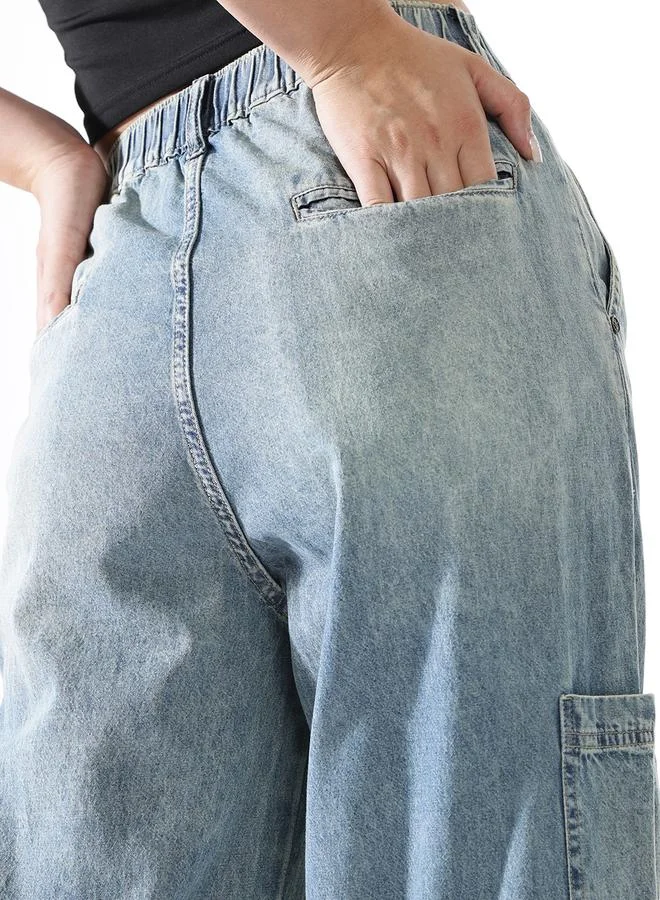 Hubberholme  Women Baggy Fit Parachute Cargo High-Rise Light Fade Jeans for Women | Best Price UAE