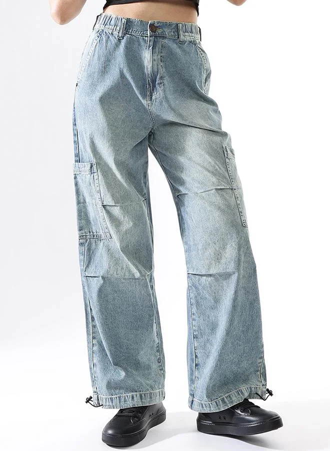 هوبرهولمي جينز نسائي واسع بخصر مرتفع بتصميم الباراشوت مع تفاصيل باهتة خفيفة