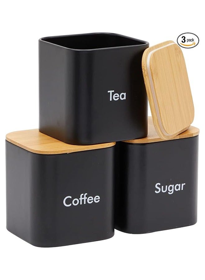 Arabest Set of 3 Coffee, Tea, and Sugar Canister Black Iron – Kitchen Storage Jars with Bamboo Lid and Name Marker – Simple Flour Container  - Image 1